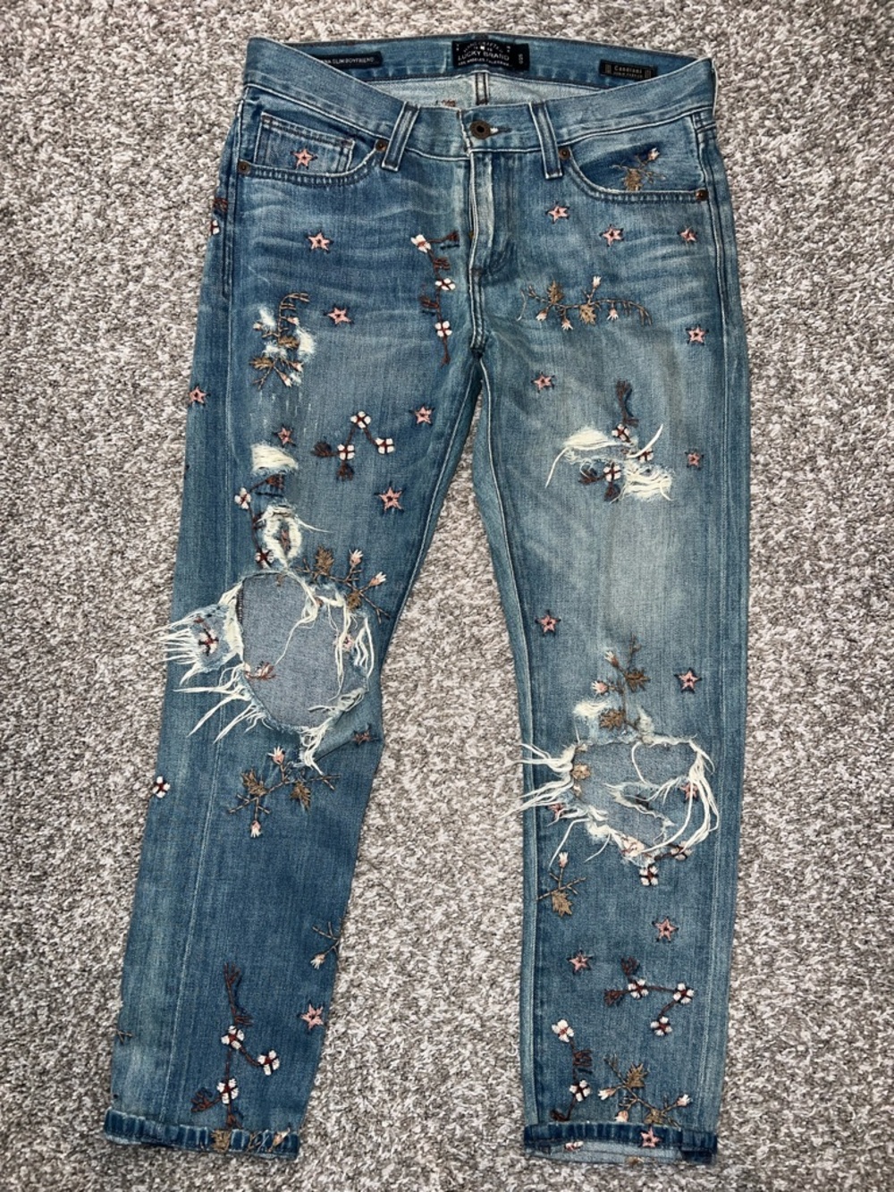 Lucky Embroidered Distressed Jeans